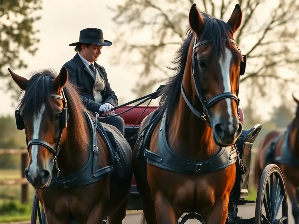 A skilled instructor guiding a participant in a horse-drawn carriage, demonstrating the driving and carriage skills training program at LES CHEVAUX DU VALLON. The image should highlight the precision, control, and elegance of carriage driving.