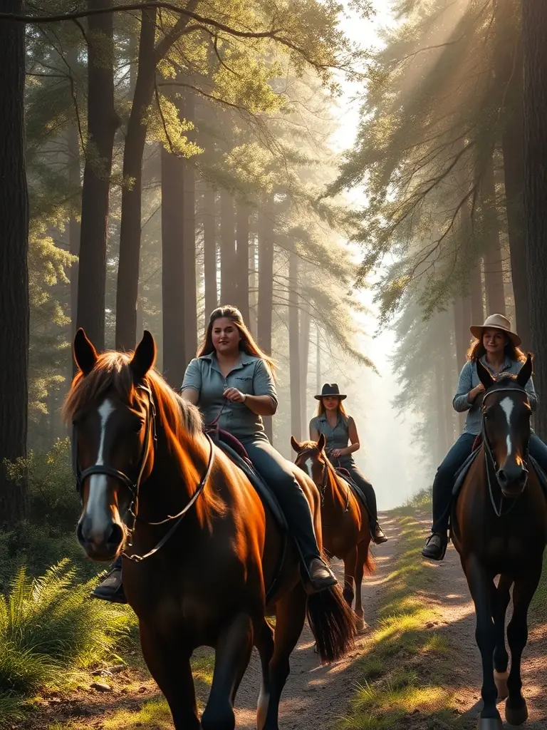 A group of riders on horseback enjoying a leisurely ride through a sun-dappled forest trail, showcasing the beauty of the natural surroundings and the relaxed atmosphere of the activity.