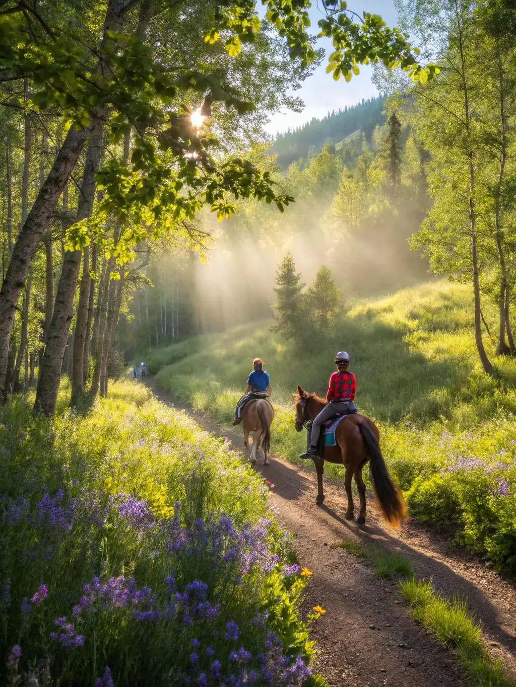 A well-maintained trail winding through forested terrain with riders enjoying the scenery, representing the development of equestrian trails by LES CHEVAUX DU VALLON.