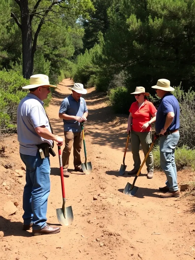 Volunteers working together to maintain and improve an equestrian trail, emphasizing the community involvement and environmental stewardship aspects of the project.