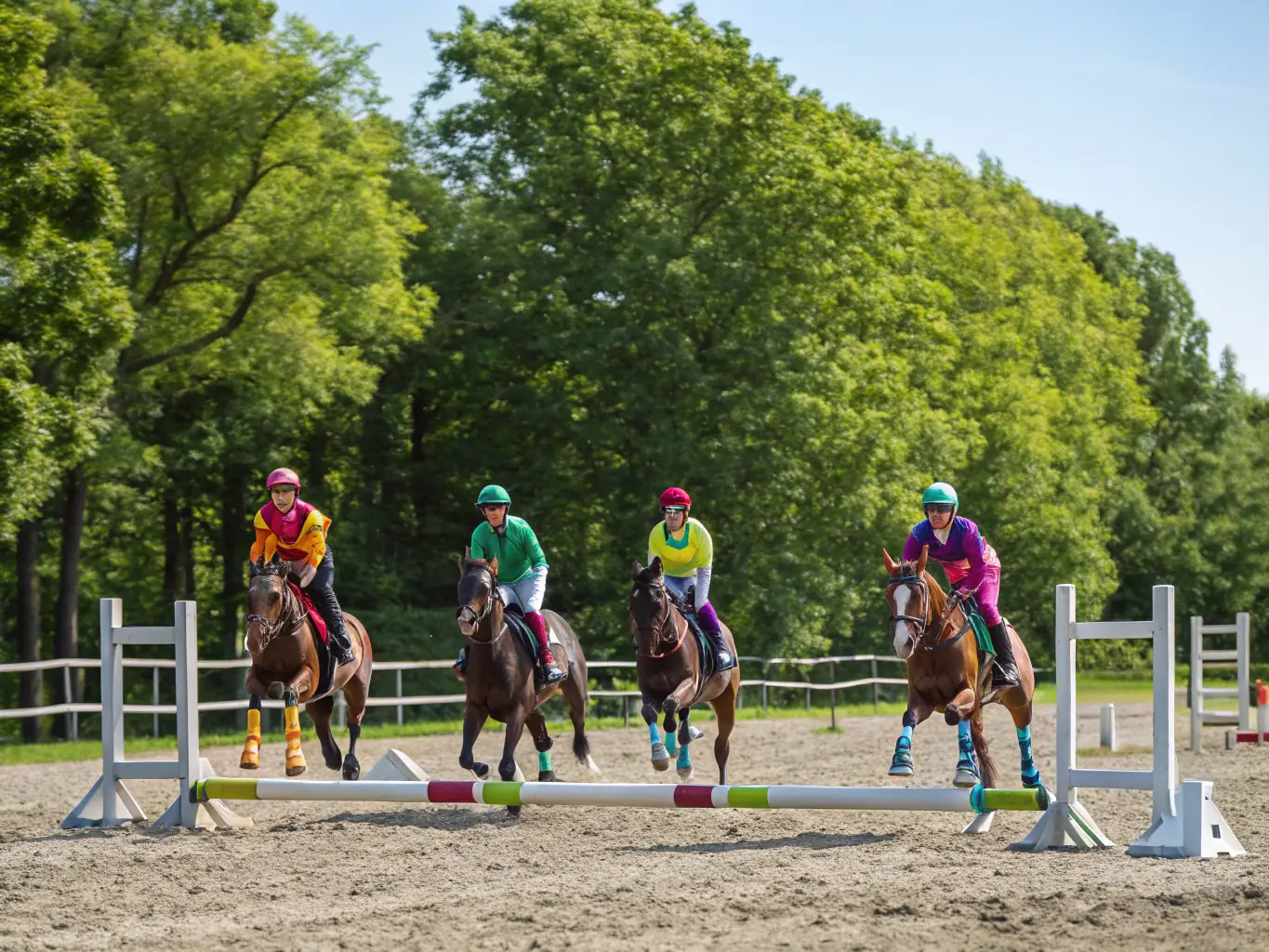 A group of riders participating in a TREC competition, navigating an obstacle course with skill and precision, representing the support for TREC disciplines provided by LES CHEVAUX DU VALLON. The image should convey a sense of challenge, teamwork, and equestrian expertise.