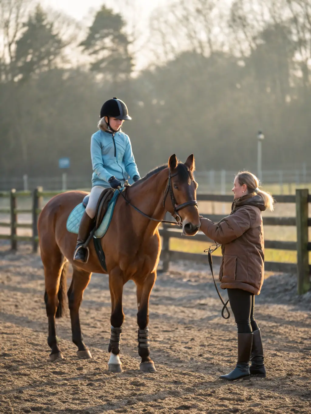 An instructor demonstrating carriage driving techniques with a student and a well-trained horse, highlighting the driving and carriage skills training provided by LES CHEVAUX DU VALLON.