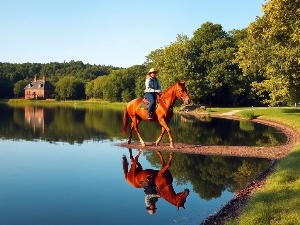 A scenic view of riders on horseback traversing a lush green trail, showcasing the leisure equestrian rides program offered by LES CHEVAUX DU VALLON. The image should convey a sense of freedom, adventure, and connection with nature.