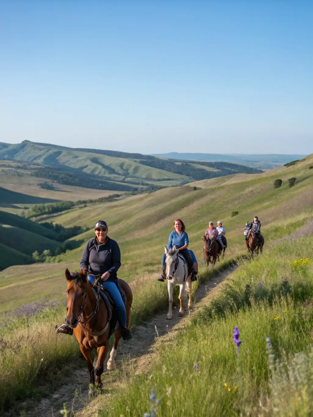 A group of riders enjoying a scenic trail ride through lush countryside with horses and guides, showcasing the leisure equestrian rides offered by LES CHEVAUX DU VALLON.